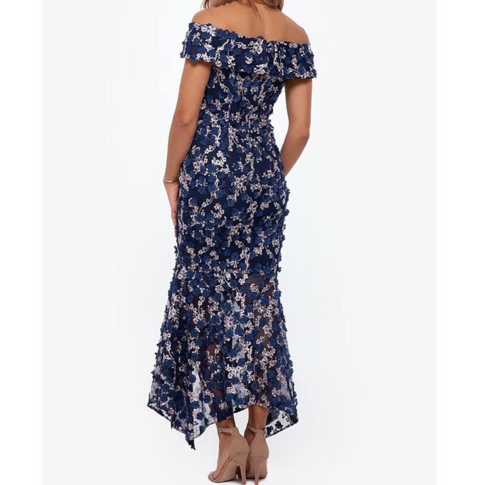 Xscape Women's 14W BRYNLEE Off The Shoulder Blue Raise Flower Evening Midi Dress - Picture 4 of 16